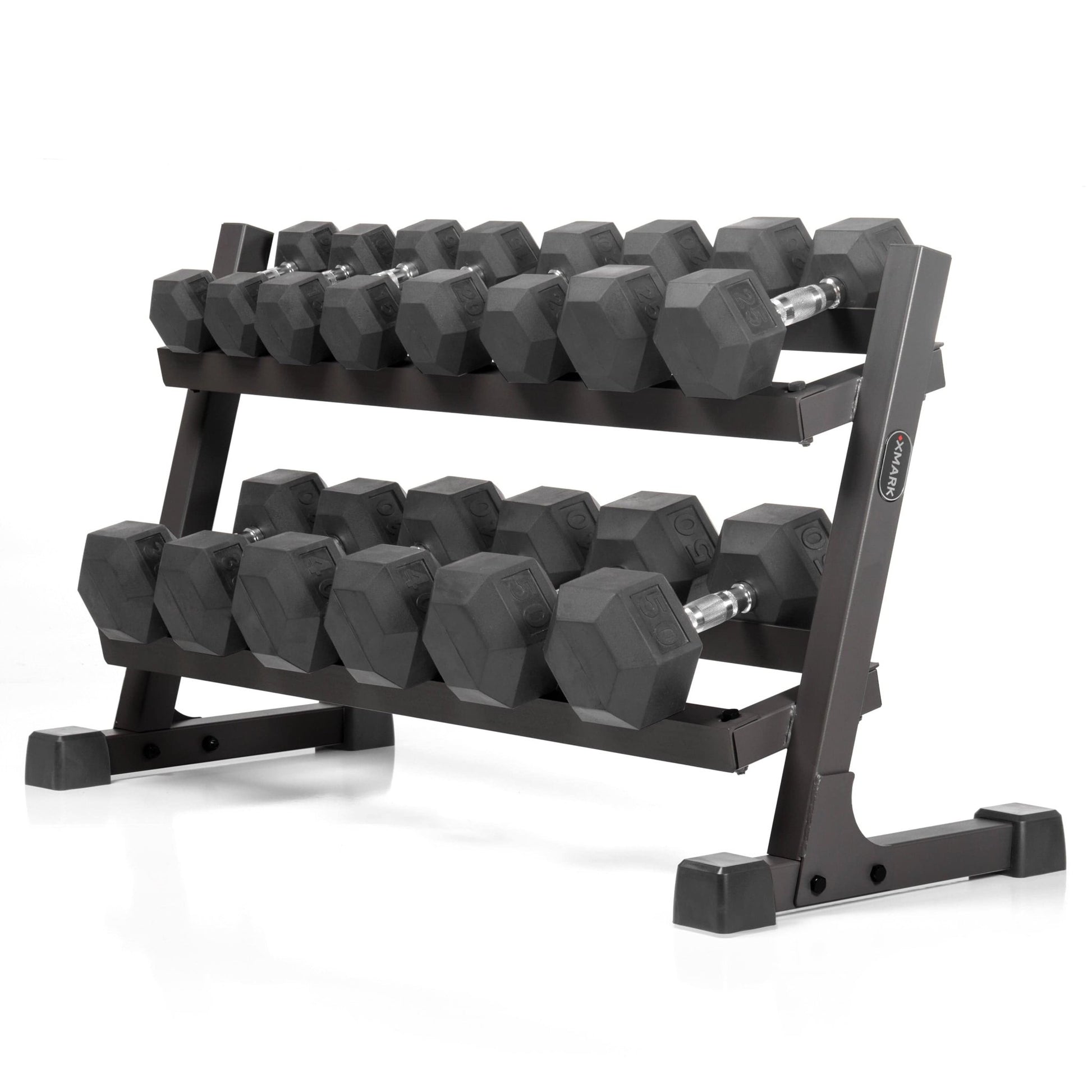 10 to 50 lbs. Rubber Hex Dumbbell Pairs Includes 2 - Tier Storage Rack - Grit Grind Strength