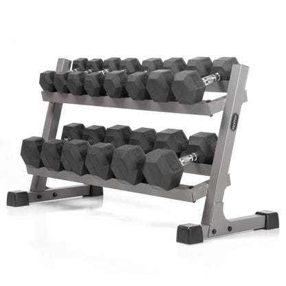 10 to 50 lbs. Rubber Hex Dumbbell Pairs Includes 2 - Tier Storage Rack - Grit Grind Strength