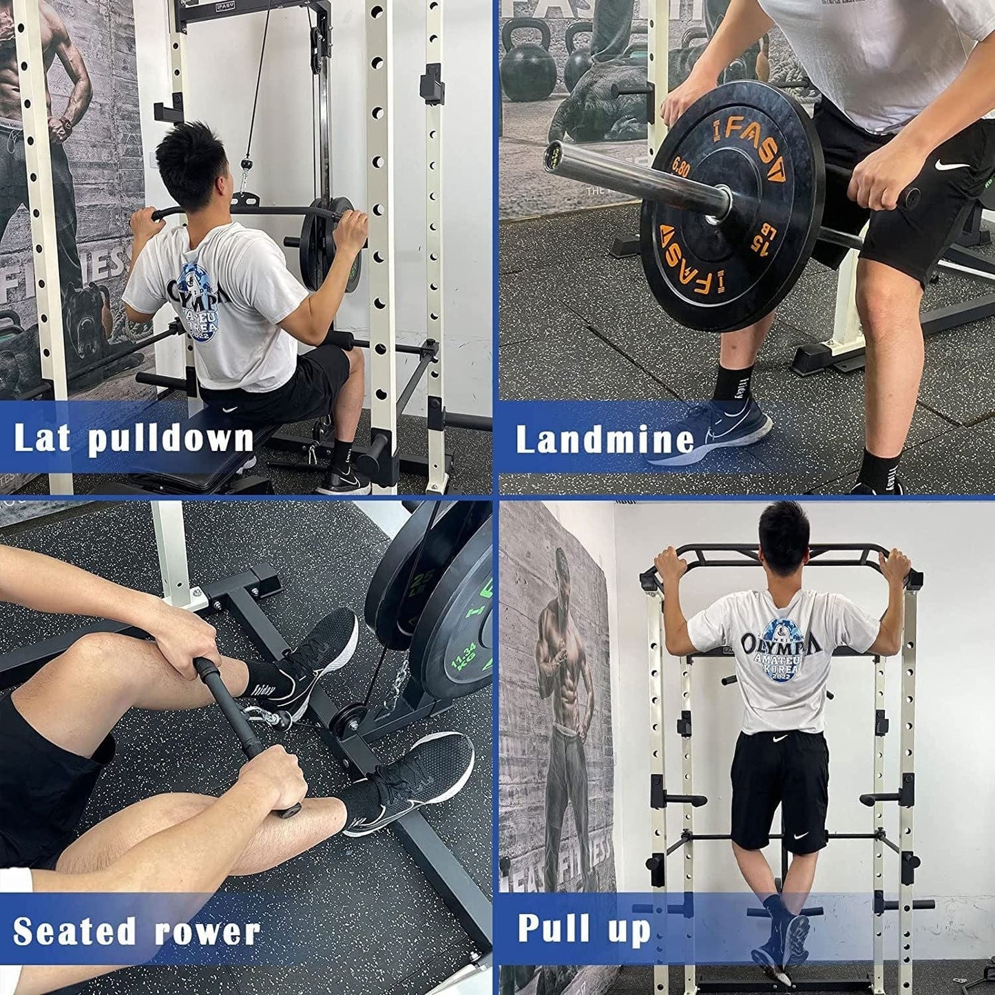 1000 lbs. capacity Blue Multi - functional Power Cage, Home Adjustable Pullup Squat Rack Comprehensive Fitness Barbell Rack Olympic Bar - Grit Grind Strength