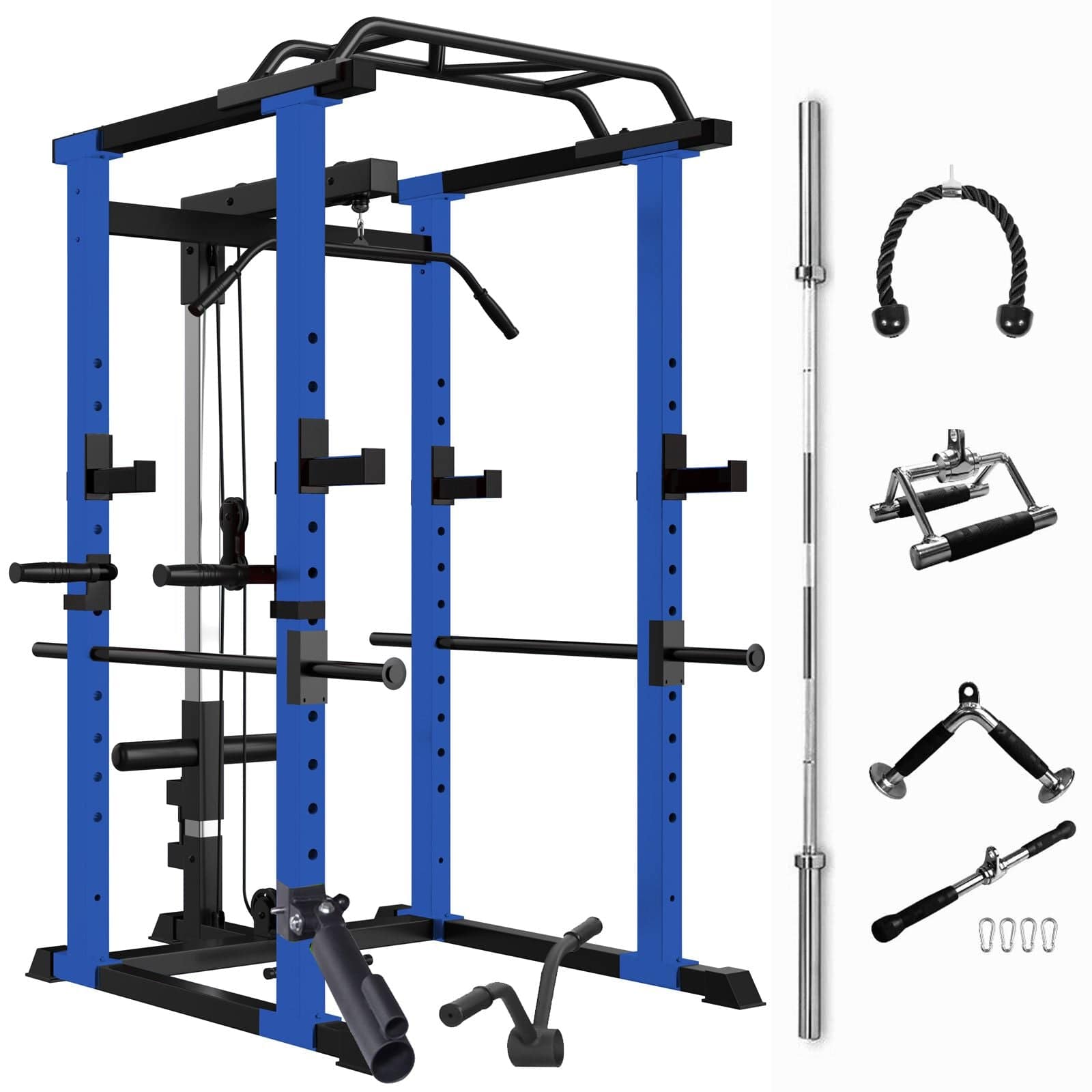 1000 lbs. capacity Blue Multi - functional Power Cage, Home Adjustable Pullup Squat Rack Comprehensive Fitness Barbell Rack Olympic Bar - Grit Grind Strength