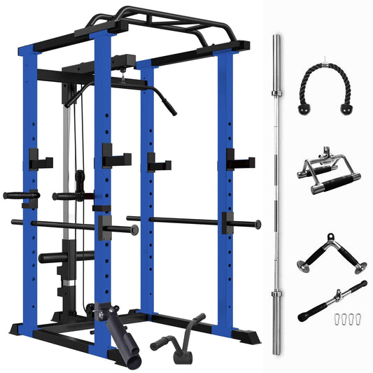 1000 lbs. capacity Blue Multi - functional Power Cage, Home Adjustable Pullup Squat Rack Comprehensive Fitness Barbell Rack Olympic Bar - Grit Grind Strength