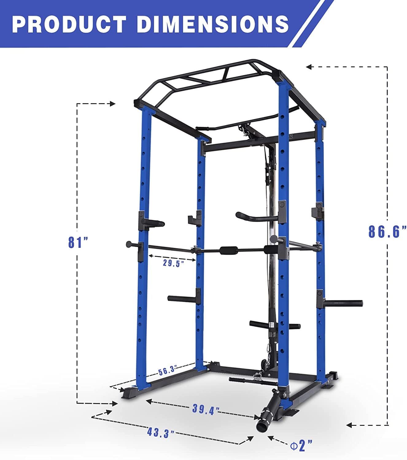 1000 lbs. capacity Blue Multi - functional Power Cage, Home Adjustable Pullup Squat Rack Comprehensive Fitness Barbell Rack Olympic Bar - Grit Grind Strength