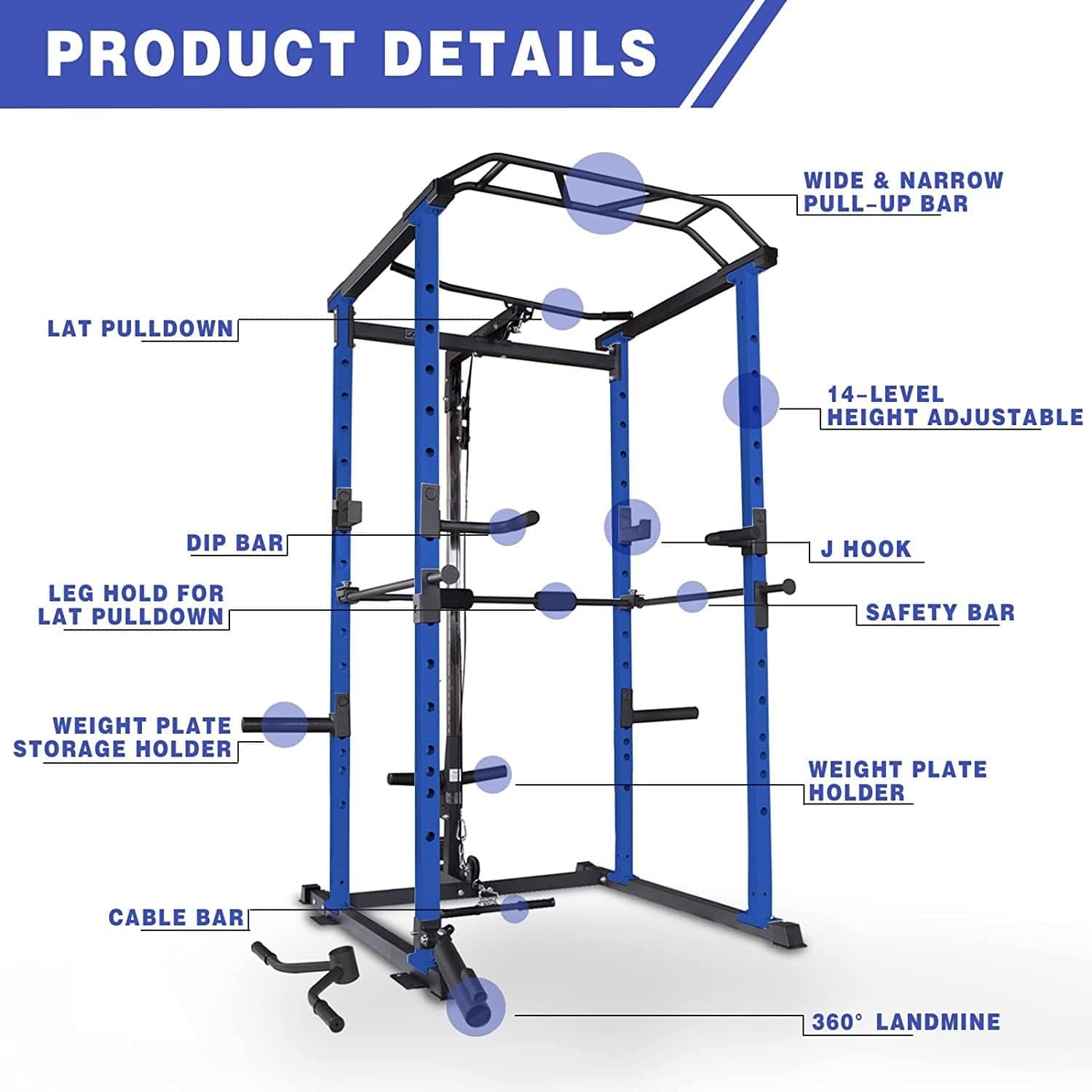 1000 lbs. capacity Blue Multi - functional Power Cage, Home Adjustable Pullup Squat Rack Comprehensive Fitness Barbell Rack Olympic Bar - Grit Grind Strength