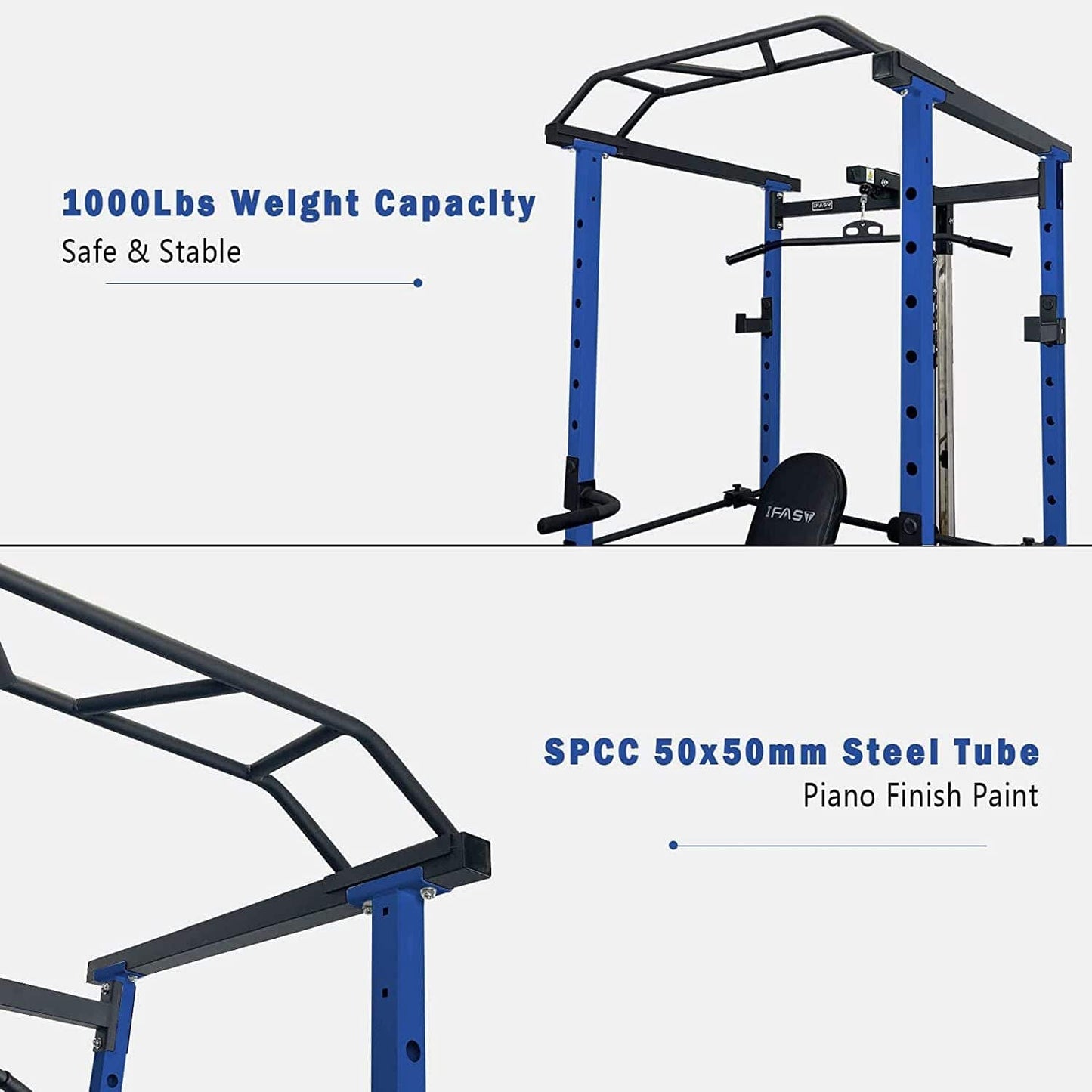1000 lbs. capacity Blue Multi - functional Power Cage, Home Adjustable Pullup Squat Rack Comprehensive Fitness Barbell Rack Olympic Bar - Grit Grind Strength