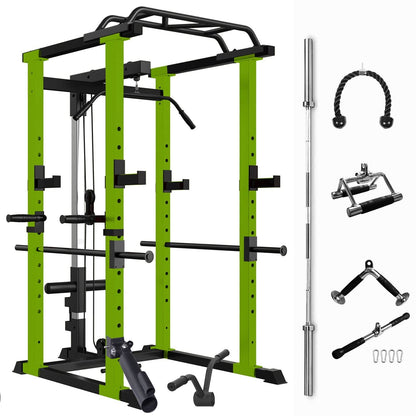 1000 lbs capacity Green Multi - functional Power Cage, Home Adjustable Pullup Power Rack Comprehensive Fitness Barbell Rack Olympic Bar - Grit Grind Strength