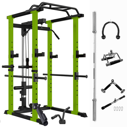 1000 lbs capacity Green Multi - functional Power Cage, Home Adjustable Pullup Power Rack Comprehensive Fitness Barbell Rack Olympic Bar - Grit Grind Strength