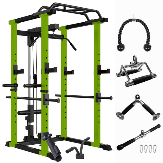 1000 lbs. capacity Green Multi - functional Power Cage, Home Adjustable Pullup Squat Rack Comprehensive Fitness Barbell Rack - Green - Grit Grind Strength