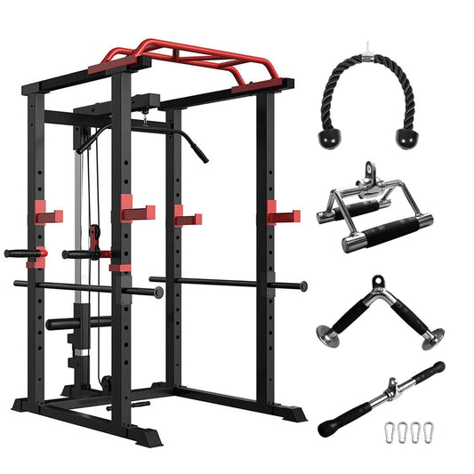 1000Lbs Capacity Multi - functional Power Cage, Home Adjustable Pullup Squat Rack Comprehensive Fitness power Rack - Black Red - Grit Grind Strength
