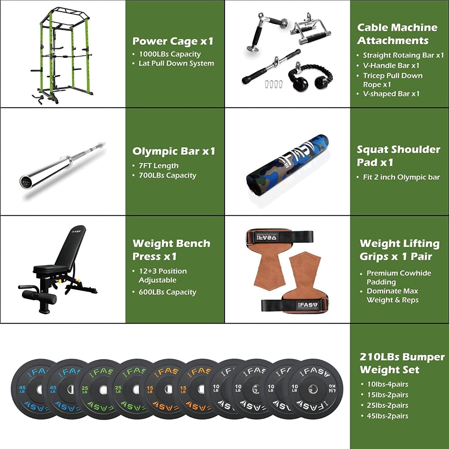 210lb Green Home Gym Set Multi - functional Power Cage, Home Adjustable Pullup power Rack 1000Lbs Capacity Comprehensive Fitness Barbell Rack - Grit Grind Strength