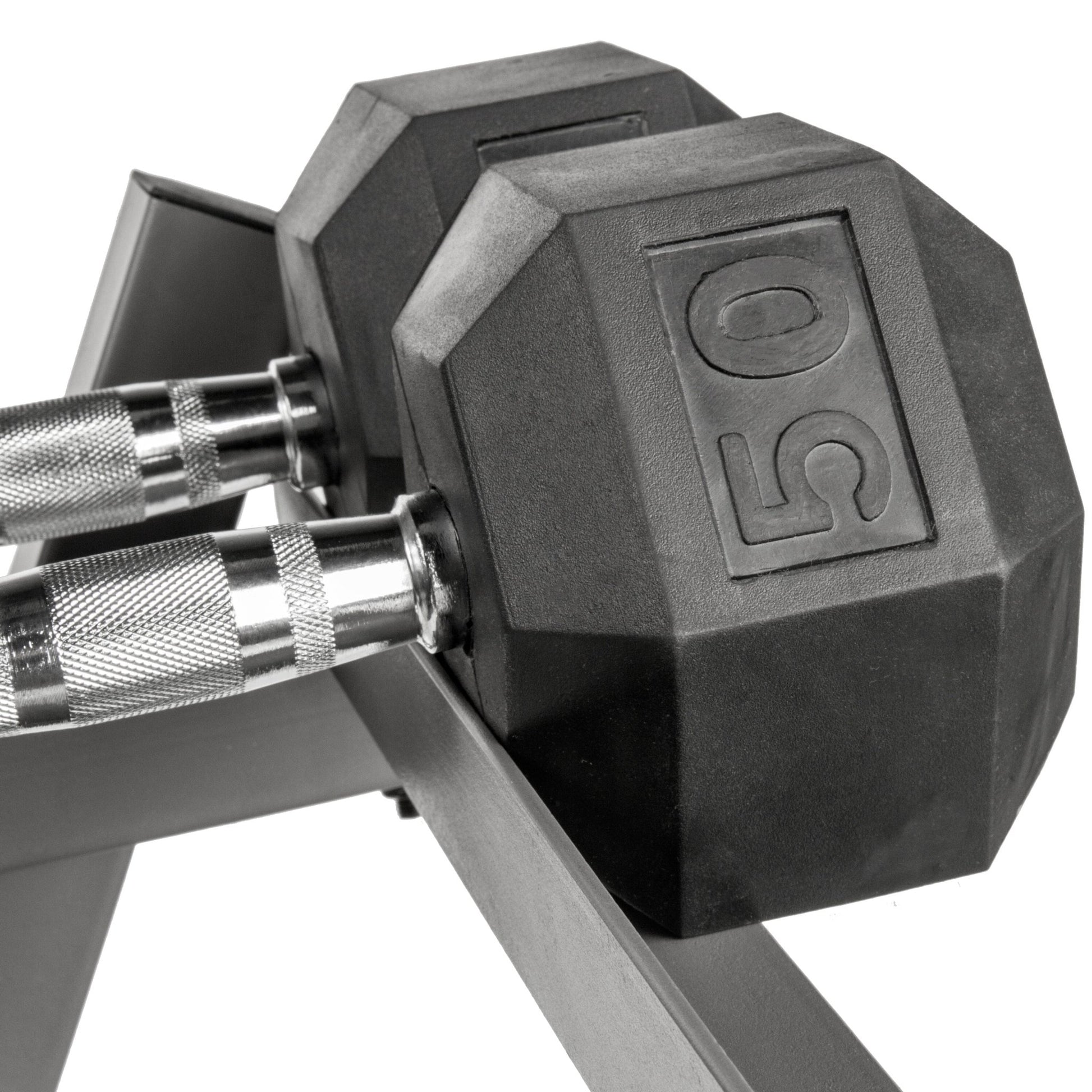 5 - 50 lb Hex Dumbbell Set with Rack and Weight Bench - Grit Grind Strength