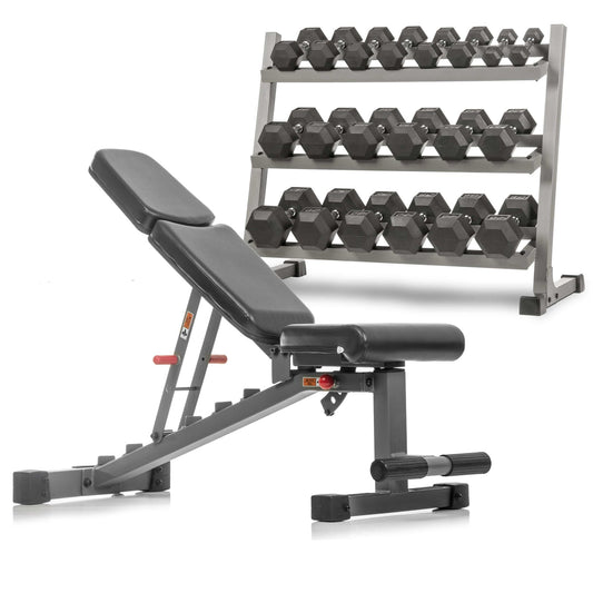 5 - 50 lb Hex Dumbbell Set with Rack and Weight Bench - Grit Grind Strength