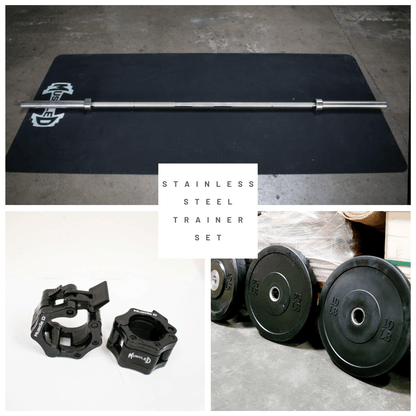 7' Stainless Steel Bushing Olympic Bar and Bumper Plate Set - Grit Grind Strength