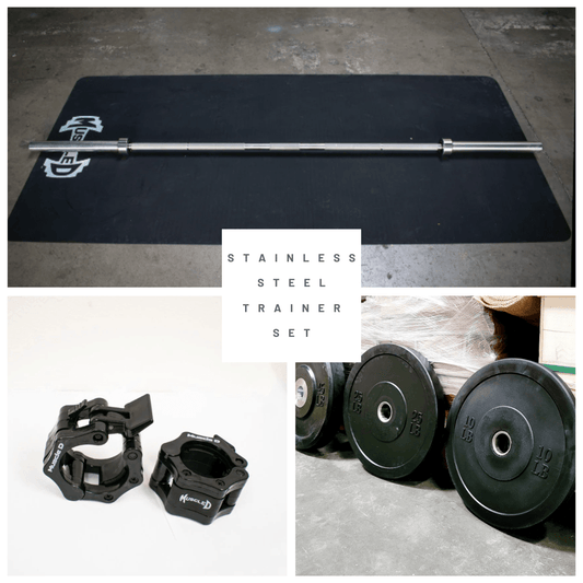7' Stainless Steel Bushing Olympic Bar and Bumper Plate Set - Grit Grind Strength