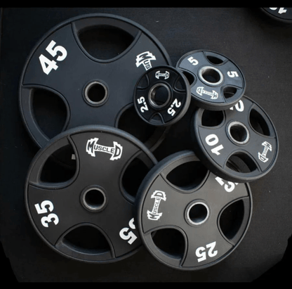 7' Stainless Steel Bushing Olympic Bar and Olympic Urethane Weight Plate Sets - Grit Grind Strength