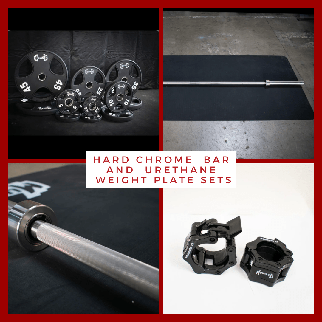 7' Stainless Steel Bushing Olympic Bar and Olympic Urethane Weight Plate Sets - Grit Grind Strength
