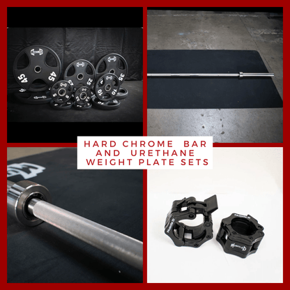 7' Stainless Steel Bushing Olympic Bar and Olympic Urethane Weight Plate Sets - Grit Grind Strength
