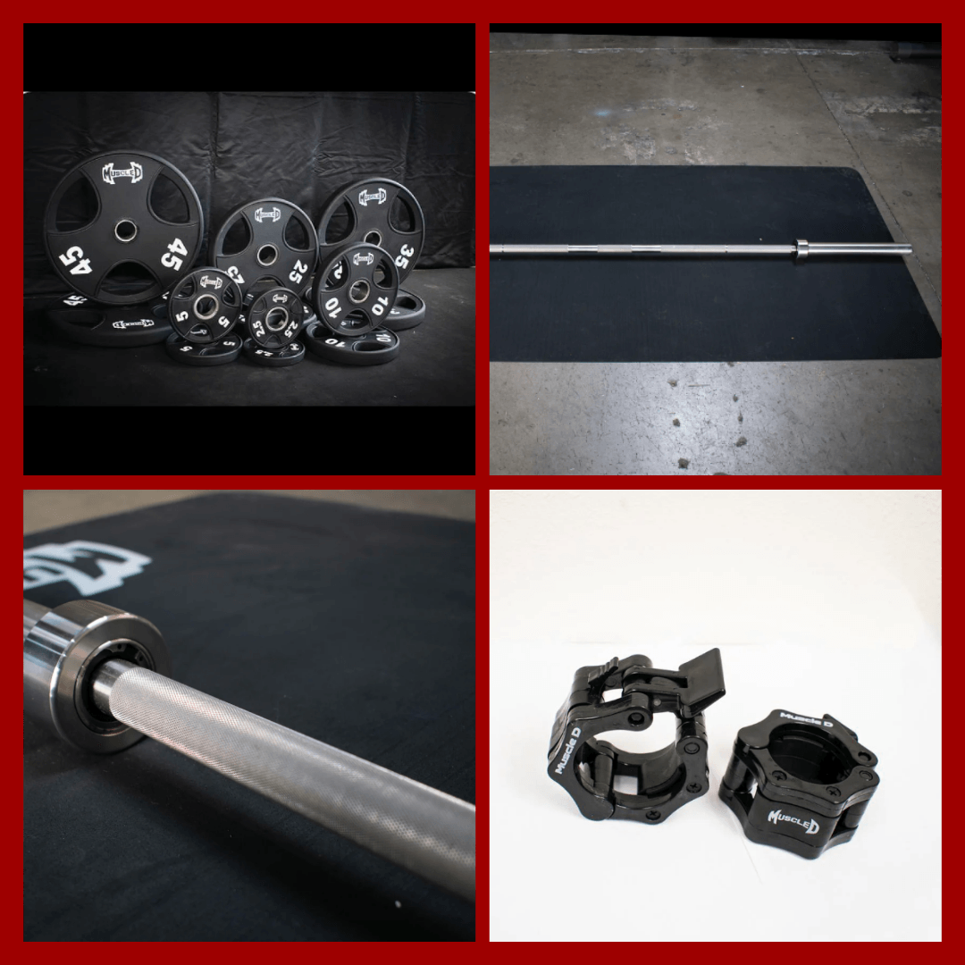 7' Stainless Steel Bushing Olympic Bar and Olympic Urethane Weight Plate Sets - Grit Grind Strength