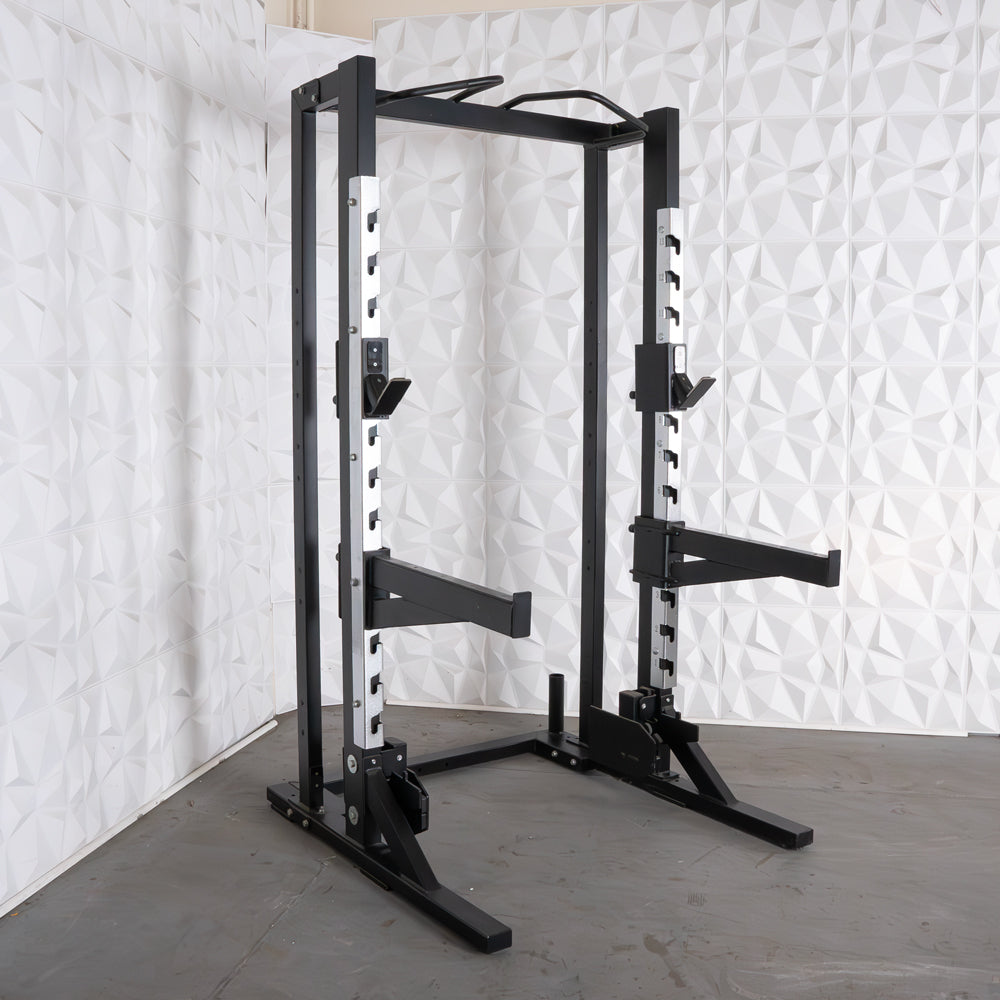 Deluxe Half Rack - Muscle D Fitness - Heavy Duty - Adjustable Safety Bars - Pull Up - Vertical Olympic Bar Storage - Grit Grind Strength