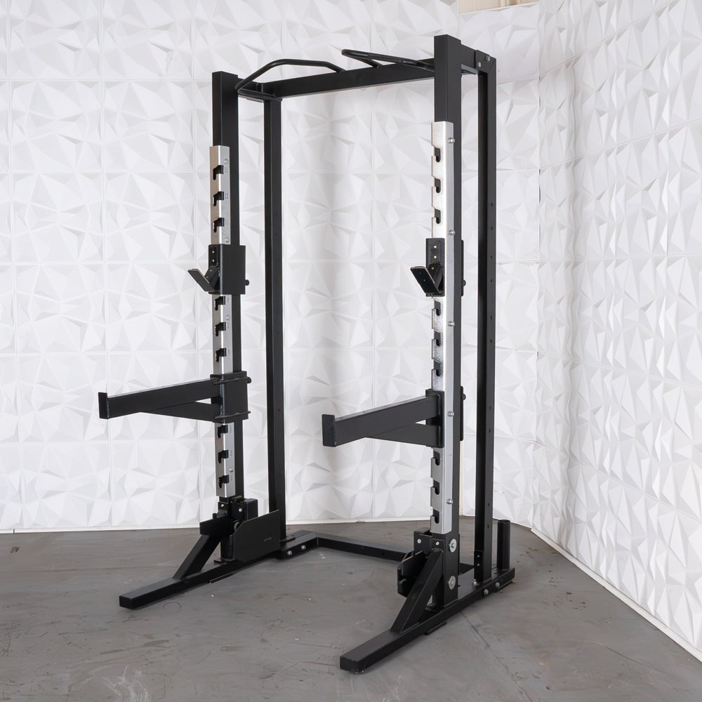 Deluxe Half Rack - Muscle D Fitness - Heavy Duty - Adjustable Safety Bars - Pull Up - Vertical Olympic Bar Storage - Grit Grind Strength