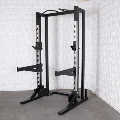 Deluxe Half Rack - Muscle D Fitness - Heavy Duty - Adjustable Safety Bars - Pull Up - Vertical Olympic Bar Storage - Grit Grind Strength