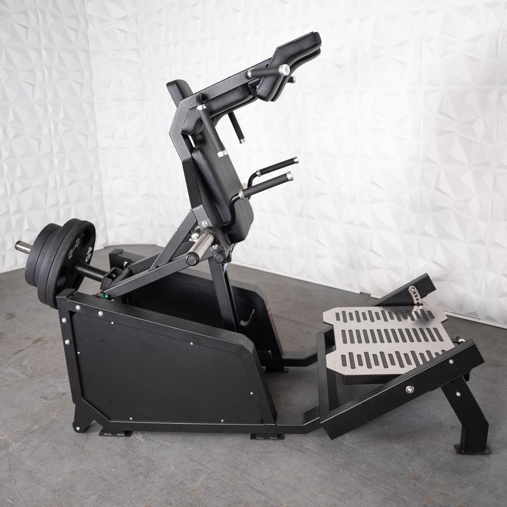 Excel Glute Line Hack Squat / Front Squat - Muscle D Fitness - Plate Load Squat Machine - Counter Balanced - Plate Storage Pegs - Grit Grind Strength