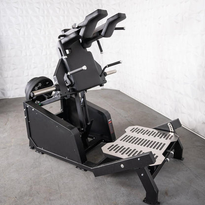 Excel Glute Line Hack Squat / Front Squat - Muscle D Fitness - Plate Load Squat Machine - Counter Balanced - Plate Storage Pegs - Grit Grind Strength