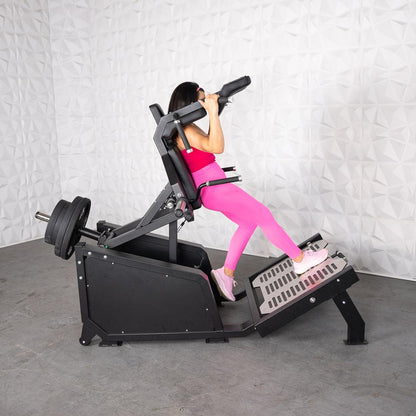 Excel Glute Line Hack Squat / Front Squat - Muscle D Fitness - Plate Load Squat Machine - Counter Balanced - Plate Storage Pegs - Grit Grind Strength