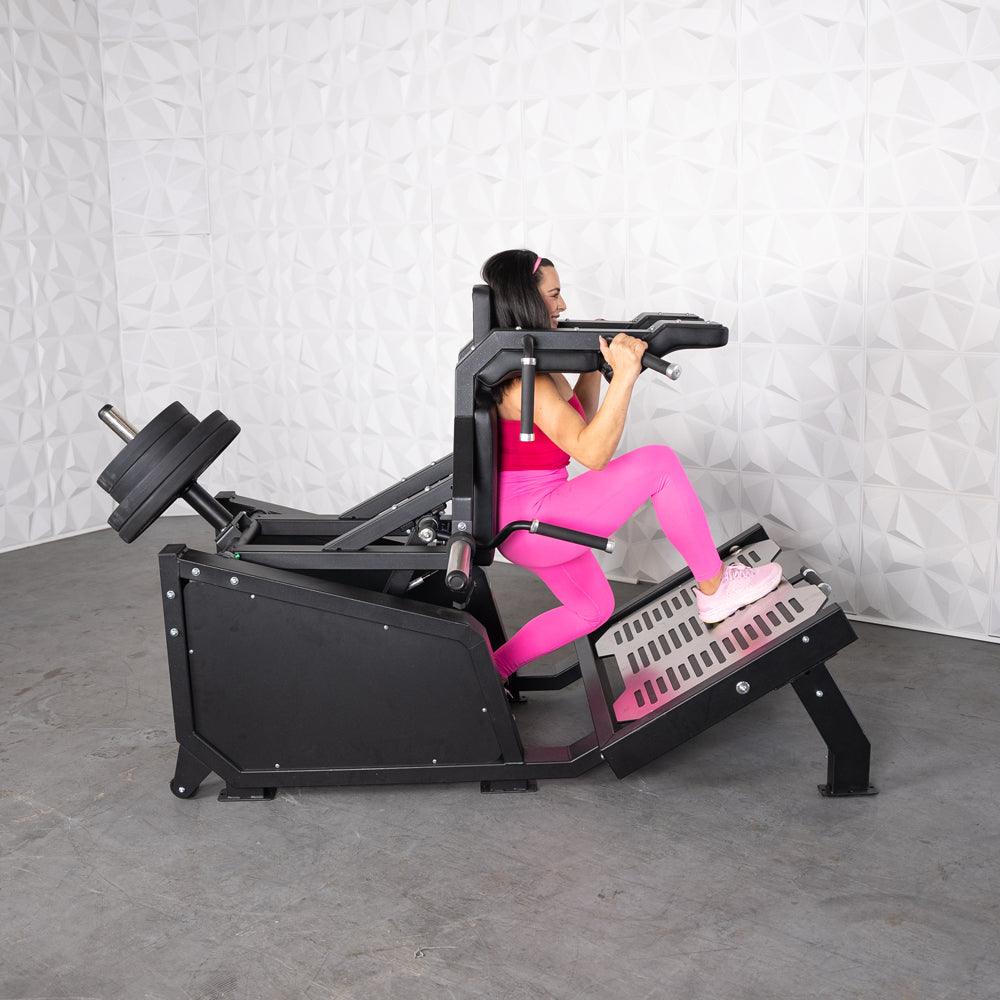 Excel Glute Line Hack Squat / Front Squat - Muscle D Fitness - Plate Load Squat Machine - Counter Balanced - Plate Storage Pegs - Grit Grind Strength