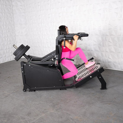 Excel Glute Line Hack Squat / Front Squat - Muscle D Fitness - Plate Load Squat Machine - Counter Balanced - Plate Storage Pegs - Grit Grind Strength