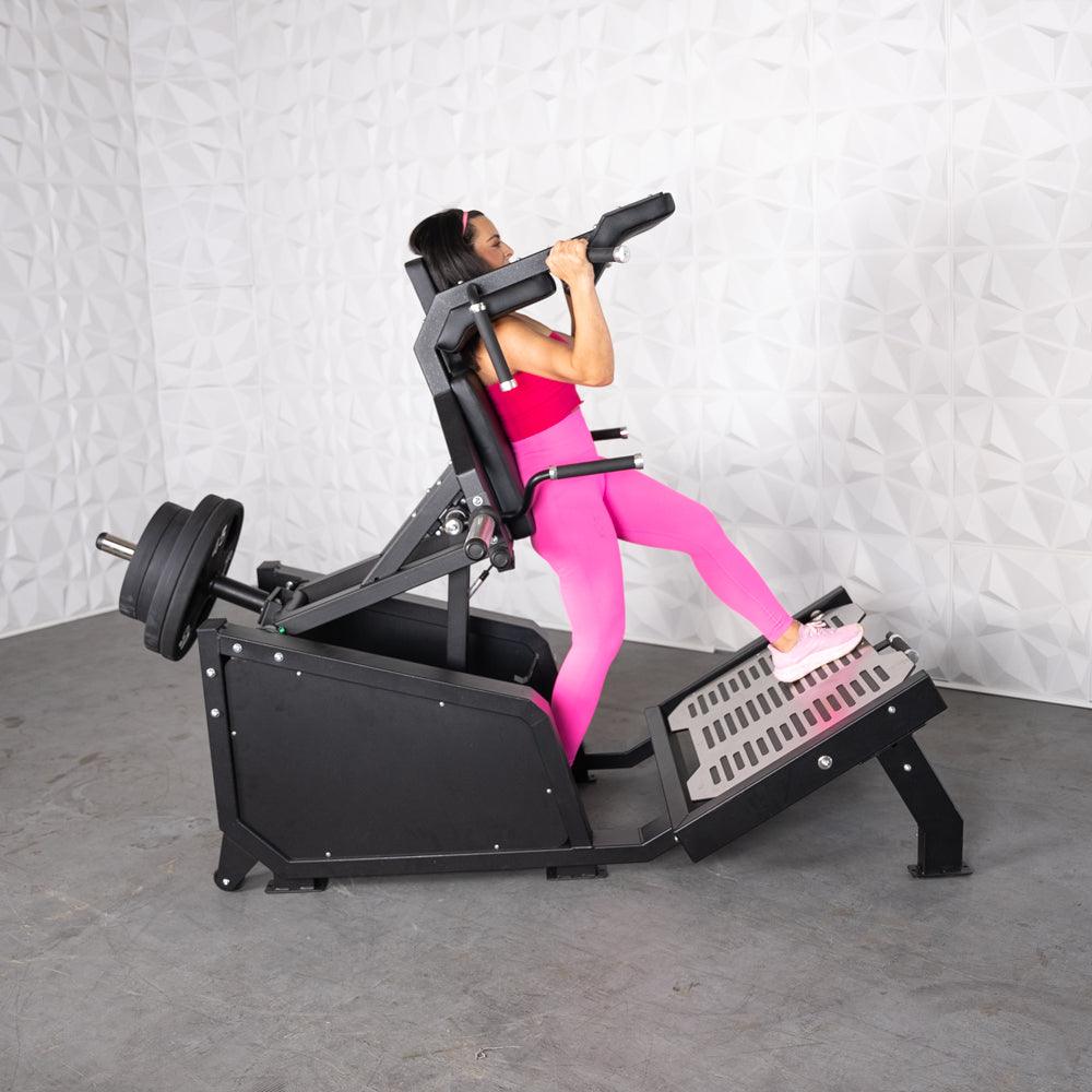 Excel Glute Line Hack Squat / Front Squat - Muscle D Fitness - Plate Load Squat Machine - Counter Balanced - Plate Storage Pegs - Grit Grind Strength