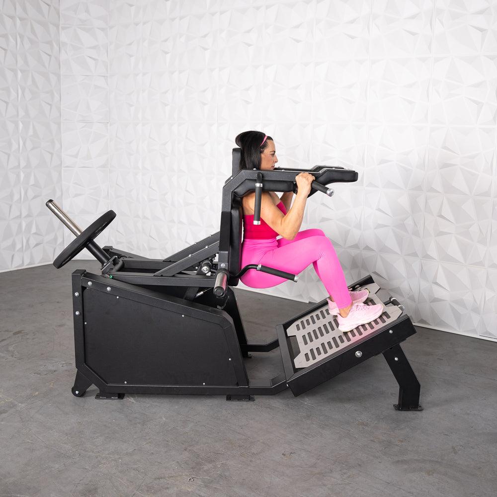 Excel Glute Line Hack Squat / Front Squat - Muscle D Fitness - Plate Load Squat Machine - Counter Balanced - Plate Storage Pegs - Grit Grind Strength