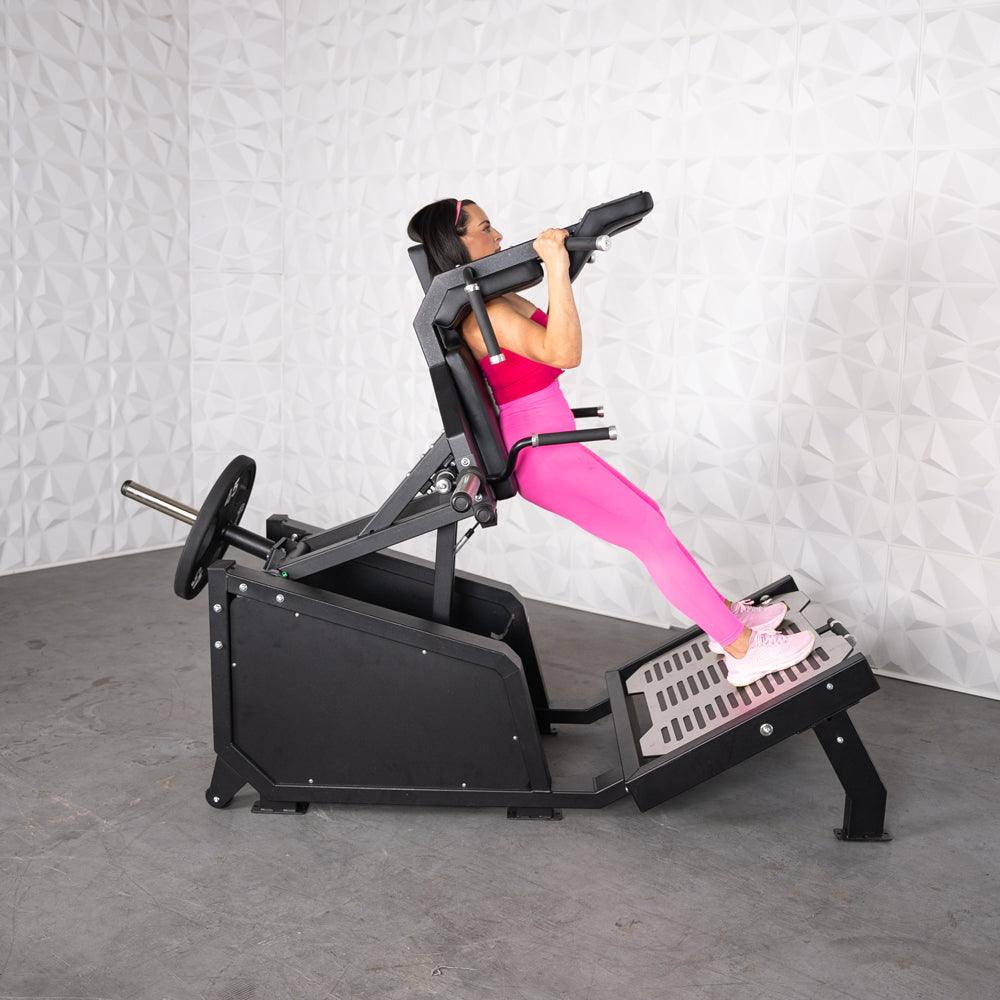 Excel Glute Line Hack Squat / Front Squat - Muscle D Fitness - Plate Load Squat Machine - Counter Balanced - Plate Storage Pegs - Grit Grind Strength