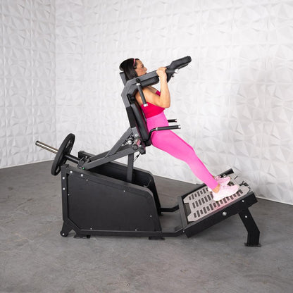 Excel Glute Line Hack Squat / Front Squat - Muscle D Fitness - Plate Load Squat Machine - Counter Balanced - Plate Storage Pegs - Grit Grind Strength