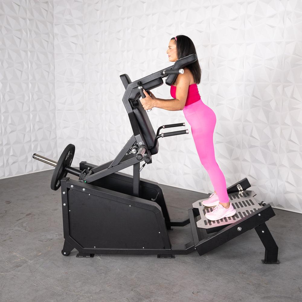 Excel Glute Line Hack Squat / Front Squat - Muscle D Fitness - Plate Load Squat Machine - Counter Balanced - Plate Storage Pegs - Grit Grind Strength