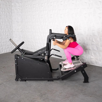 Excel Glute Line Hack Squat / Front Squat - Muscle D Fitness - Plate Load Squat Machine - Counter Balanced - Plate Storage Pegs - Grit Grind Strength