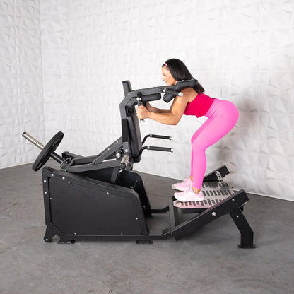 Excel Glute Line Hack Squat / Front Squat - Muscle D Fitness - Plate Load Squat Machine - Counter Balanced - Plate Storage Pegs - Grit Grind Strength