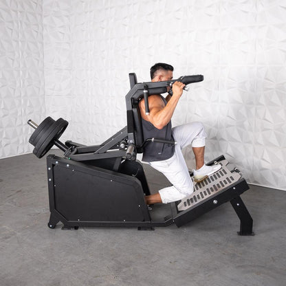 Excel Glute Line Hack Squat / Front Squat - Muscle D Fitness - Plate Load Squat Machine - Counter Balanced - Plate Storage Pegs - Grit Grind Strength