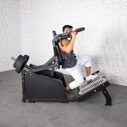 Excel Glute Line Hack Squat / Front Squat - Muscle D Fitness - Plate Load Squat Machine - Counter Balanced - Plate Storage Pegs - Grit Grind Strength