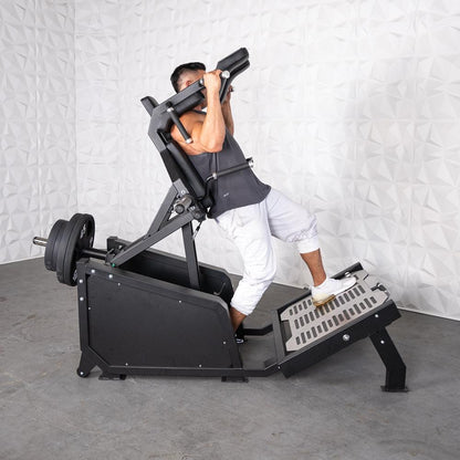 Excel Glute Line Hack Squat / Front Squat - Muscle D Fitness - Plate Load Squat Machine - Counter Balanced - Plate Storage Pegs - Grit Grind Strength