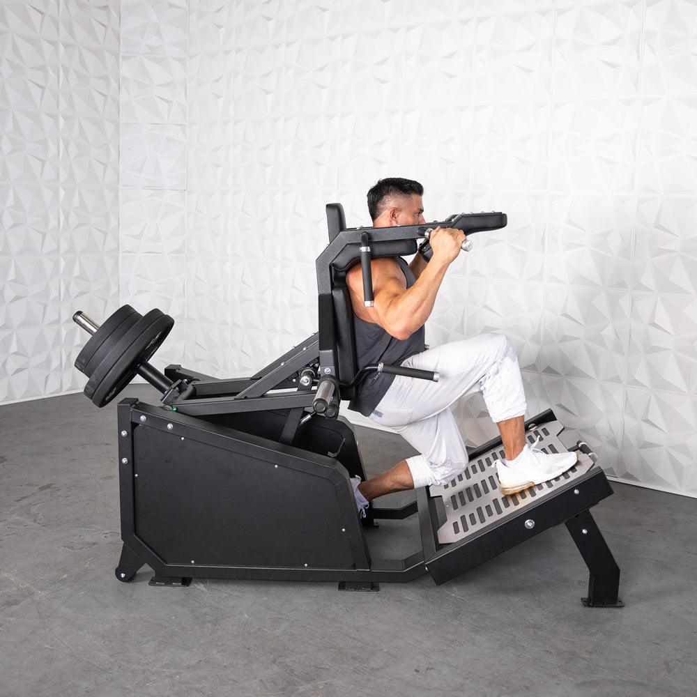 Excel Glute Line Hack Squat / Front Squat - Muscle D Fitness - Plate Load Squat Machine - Counter Balanced - Plate Storage Pegs - Grit Grind Strength