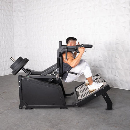 Excel Glute Line Hack Squat / Front Squat - Muscle D Fitness - Plate Load Squat Machine - Counter Balanced - Plate Storage Pegs - Grit Grind Strength