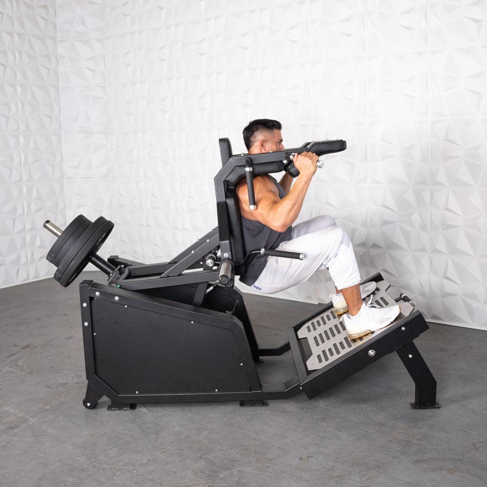 Excel Glute Line Hack Squat / Front Squat - Muscle D Fitness - Plate Load Squat Machine - Counter Balanced - Plate Storage Pegs - Grit Grind Strength