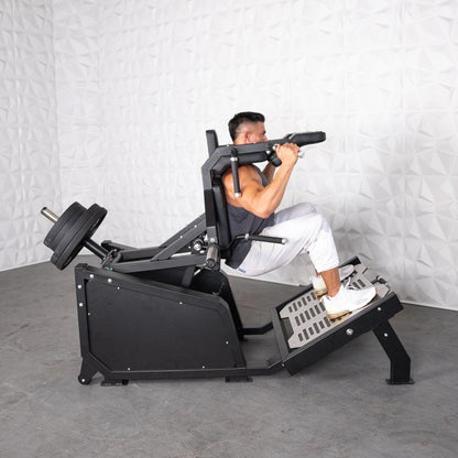 Excel Glute Line Hack Squat / Front Squat - Muscle D Fitness - Plate Load Squat Machine - Counter Balanced - Plate Storage Pegs - Grit Grind Strength