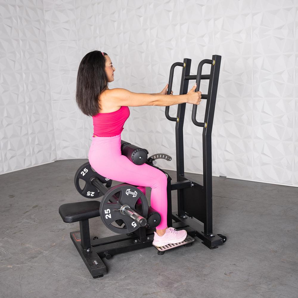 Excel Standing Hip Thrust - Muscle D Fitness - Plate Load Extension - Band Compatible - Adjustable Pads - Grit Grind Strength