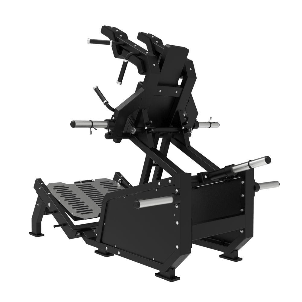 Excel Glute Line Hack Squat / Front Squat - Muscle D Fitness - Plate Load Squat Machine - Counter Balanced - Plate Storage Pegs - Grit Grind Strength