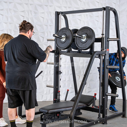 Excel Vertical Leg Press - Muscle D Fitness - Plate Load Leg Press - Adjustabe Back Pad - Weight Storage Pegs - Safety stops