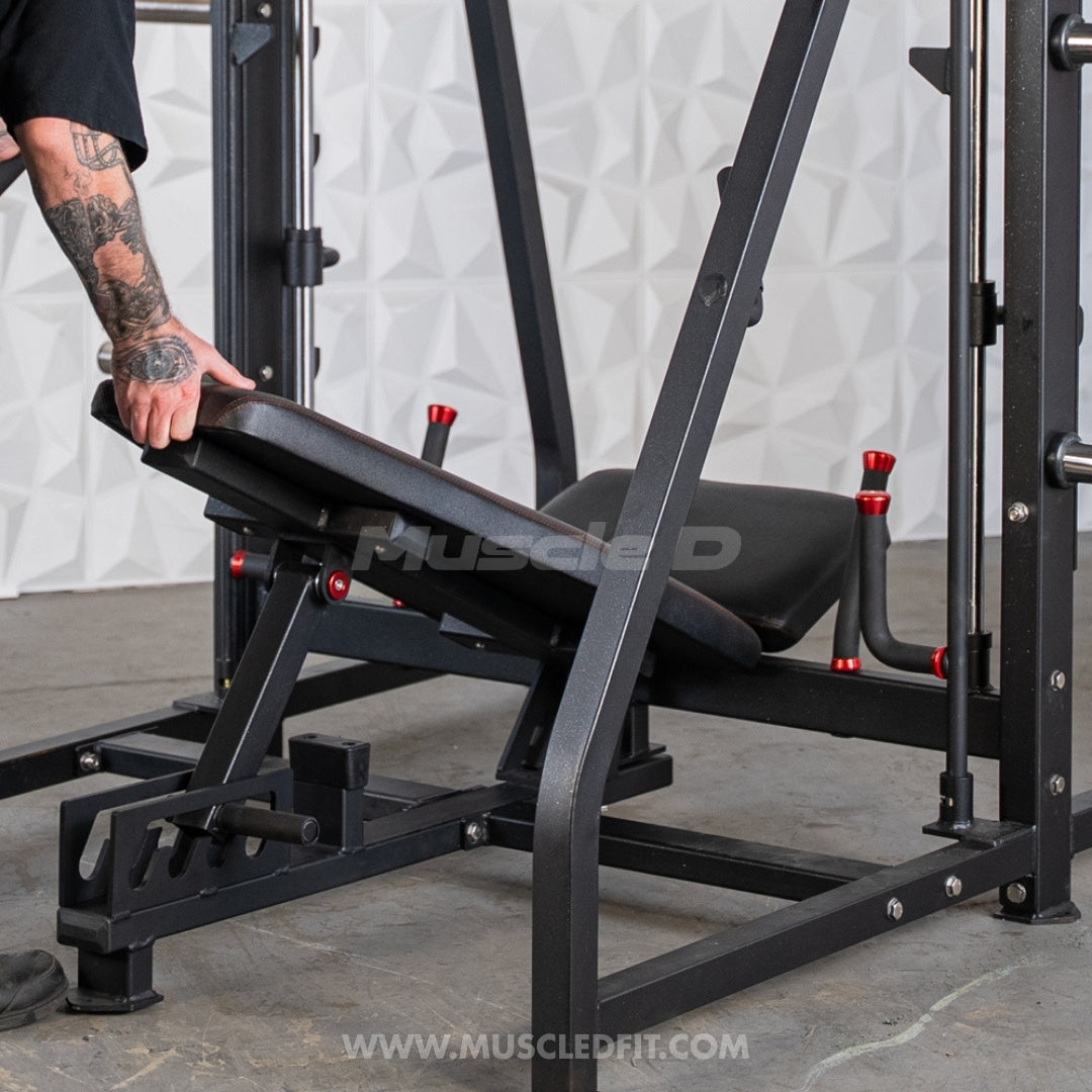 Excel Vertical Leg Press - Muscle D Fitness - Plate Load Leg Press - Adjustabe Back Pad - Weight Storage Pegs - Safety stops