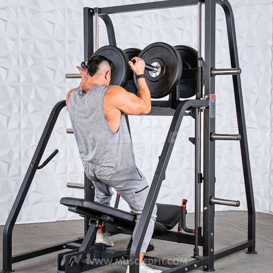 Excel Vertical Leg Press - Muscle D Fitness - Plate Load Leg Press - Adjustabe Back Pad - Weight Storage Pegs - Safety stops