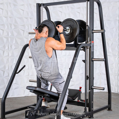 Excel Vertical Leg Press - Muscle D Fitness - Plate Load Leg Press - Adjustabe Back Pad - Weight Storage Pegs - Safety stops