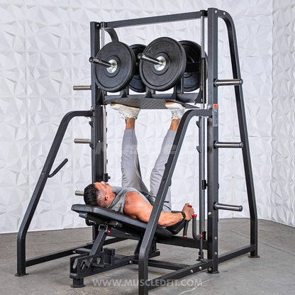 Excel Vertical Leg Press - Muscle D Fitness - Plate Load Leg Press - Adjustabe Back Pad - Weight Storage Pegs - Safety stops
